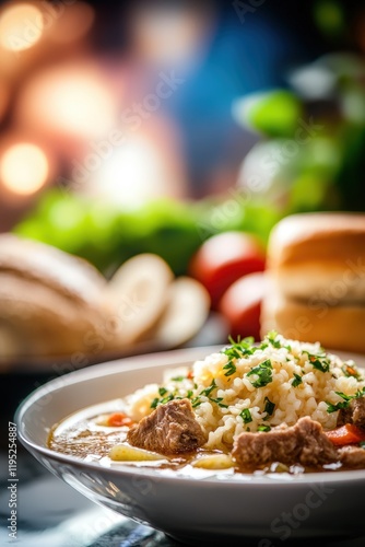 Traditional Mongolian Shuluun Guriltai Soup with Handmade Flat Noodles and Fresh Vegetables, Captured in Vibrant Culinary Setting photo