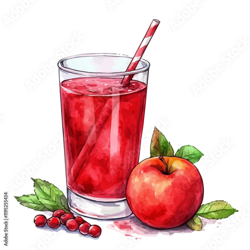 A watercolor of cranberry apple juice, isolated on a white background. Cranberry apple juice vector.
