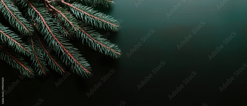 Festive Christmas Evergreen Branches on Dark Green Background Festive Christmas Evergreen Branches on Dark Green Background