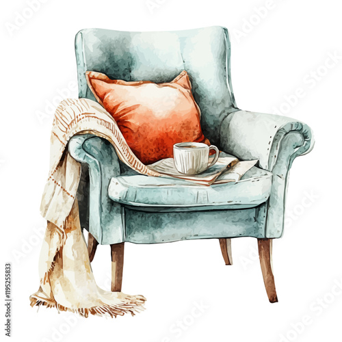 A watercolor illustration of a cozy corner with a chair and blanket, isolated on a white background. Cozy corner vector.
