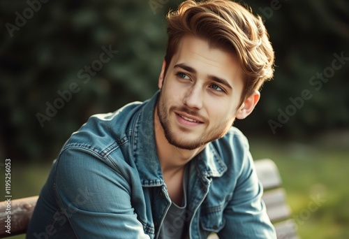 Portrait of a young man with a relaxed expression, sitting on a bench, looking away from the camera.