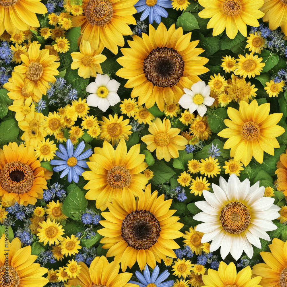 Vibrant floral pattern featuring sunflowers, daisies, and blue flowers, creating cheerful and lively atmosphere. Perfect for backgrounds and designs Vibrant floral pattern featuring sunflowers, daisies, and blue flowers, creating cheerful and lively atmosphere. Perfect for backgrounds and designs