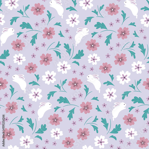 cute seamless pattern with flowers and rabbits