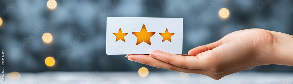 A hand holds a feedback card featuring three stars against a bokeh background. A hand holds a feedback card featuring three stars against a bokeh background.