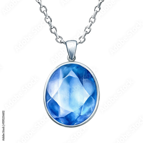 A watercolor of a contemporary sapphire pendant necklace, isolated on a white background. Sapphire necklace vector.
