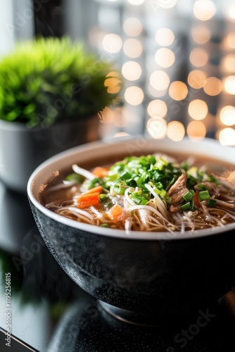 Delicious Mongolian Guriltai Noodle Soup with Mutton and Fresh Vegetables in a Modern Bowl Setting Against a Soft Bokeh Background photo