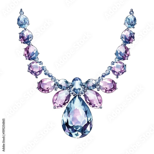 A watercolor of a contemporary diamond necklace, isolated on a white background. Diamond necklace vector.

