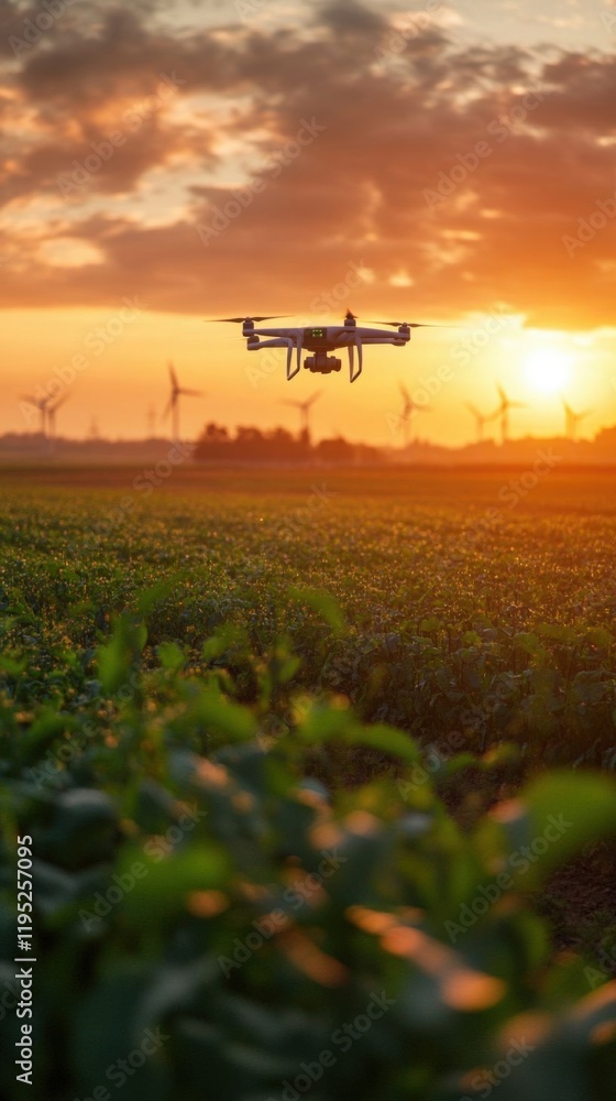 Drone flying over crops at sunrise. Drone flying over crops at sunrise.