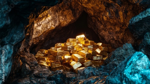 A treasure trove of gold bars hidden within a rocky cave illuminates a sense of adventure and mystery. This image beckons the curious explorer within us. Generative AI photo