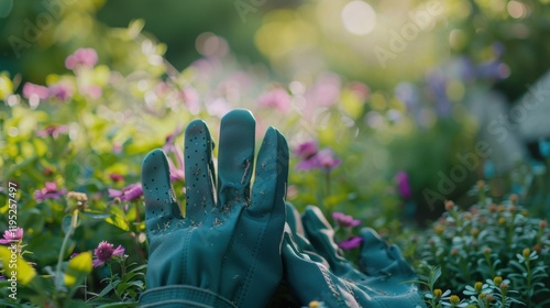 Gardening gloves with blurred flowerbed showcasing garden tools