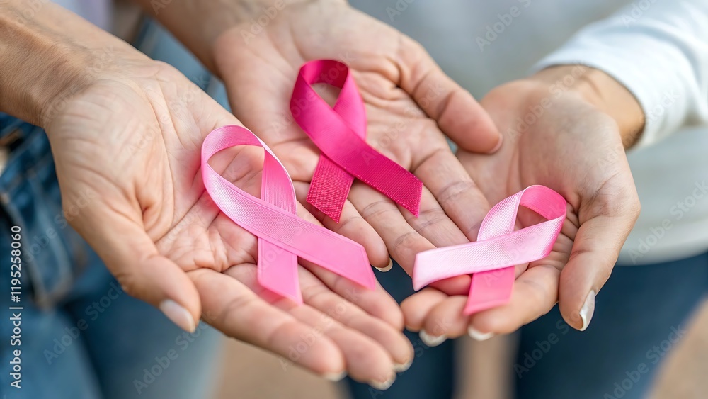 hands holding pink ribbons world cancer day hands holding pink ribbons world cancer day