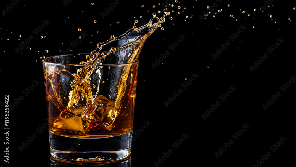 Dramatic shot of whiskey splashing with ice cubes in a glass against a black background, capturing the motion and elegance of the drink. Dramatic shot of whiskey splashing with ice cubes in a glass against a black background, capturing the motion and elegance of the drink.