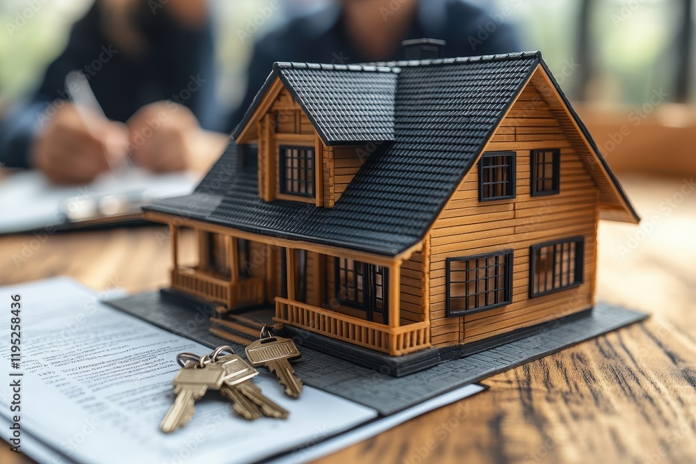 House model and keys on a table with a real estate agreement in the background House model and keys on a table with a real estate agreement in the background