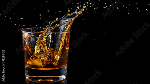 Dramatic shot of whiskey splashing with ice cubes in a glass against a black background, capturing the motion and elegance of the drink.