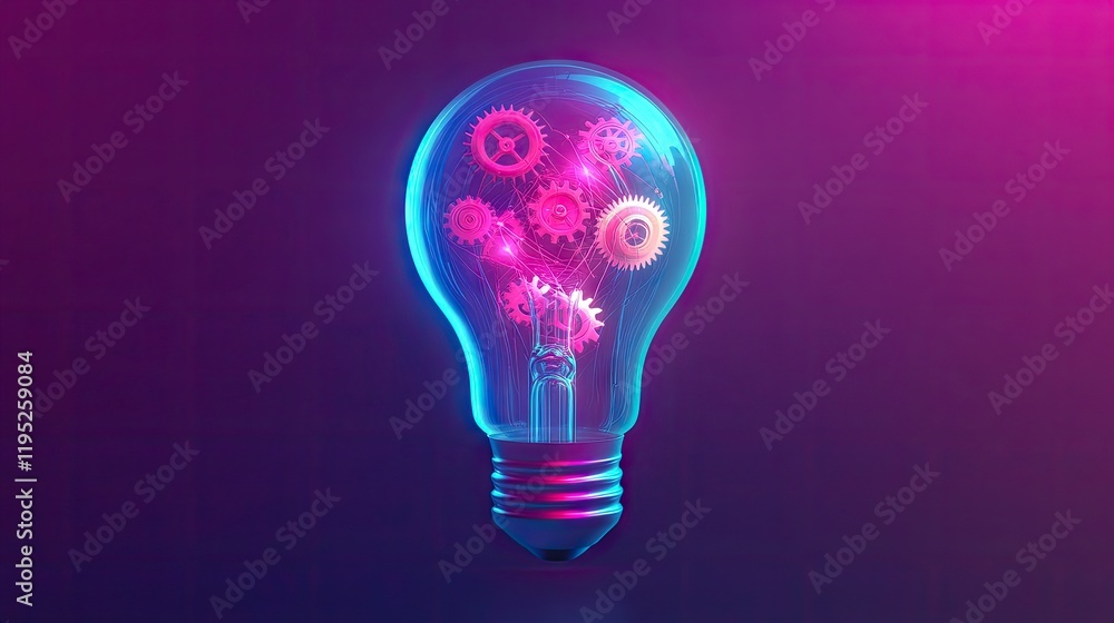 Artistic light bulb with visible interconnected gears inside, set against a dark gradient background Artistic light bulb with visible interconnected gears inside, set against a dark gradient background