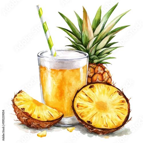 A watercolor of coconut pineapple juice, isolated on a white background. Coconut pineapple juice vector.
