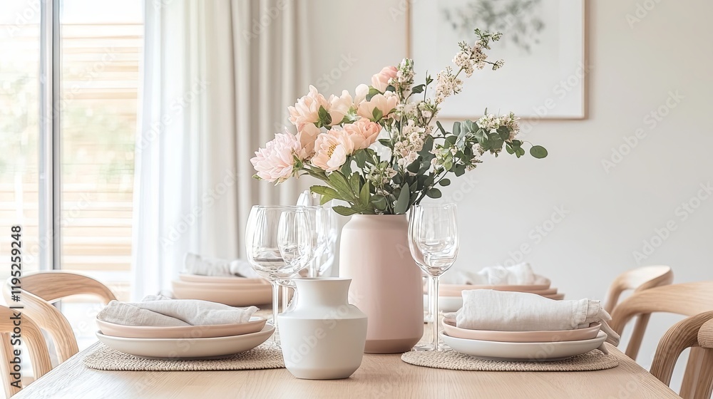Elegant Dining Table Setting with Soft Pink Flowers Elegant Dining Table Setting with Soft Pink Flowers