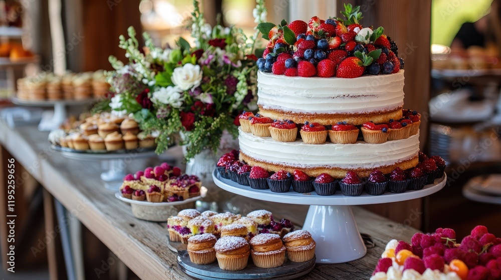 Assorted homemade desserts, featuring frosted layer cakes, fruit tarts, and pastries, arranged on a rustic table Assorted homemade desserts, featuring frosted layer cakes, fruit tarts, and pastries, arranged on a rustic table