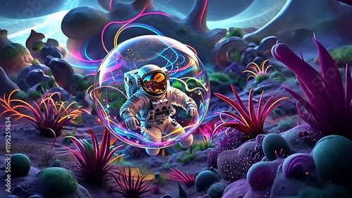 Futuristic Astronaut Exploring a Vibrant Alien Planet with Colorful Flora and a High-Tech Space Suit in a Bubble

 photo