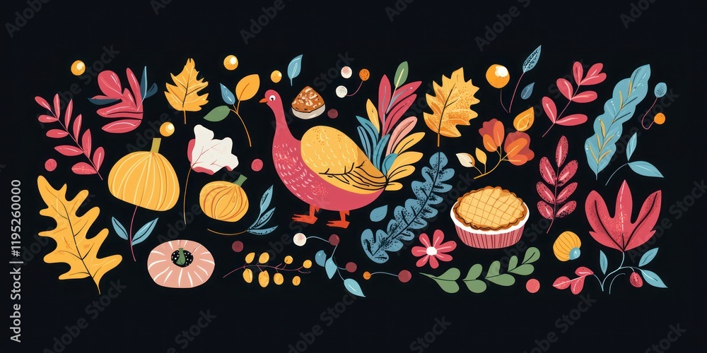 Fototapeta premium Vector design of Thanksgiving elements, including a turkey, pie, and fall foliage, in a modern and colorful flat style
