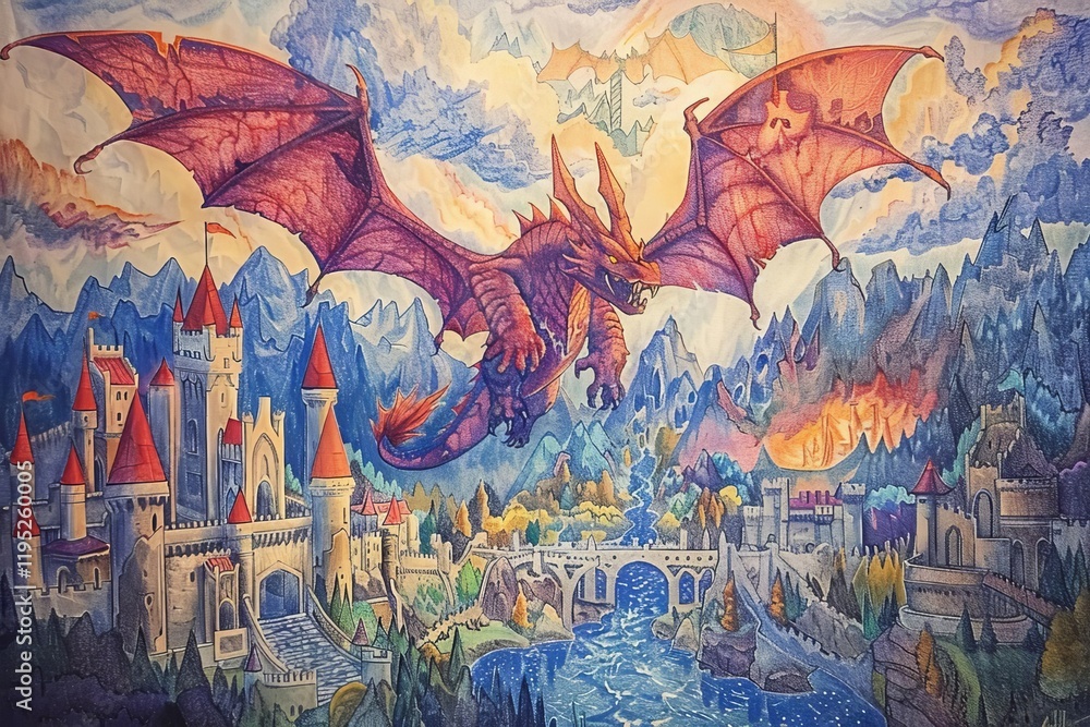 Naklejka premium A vibrant fantasy scene featuring a dragon soaring over a castle and a picturesque landscape.