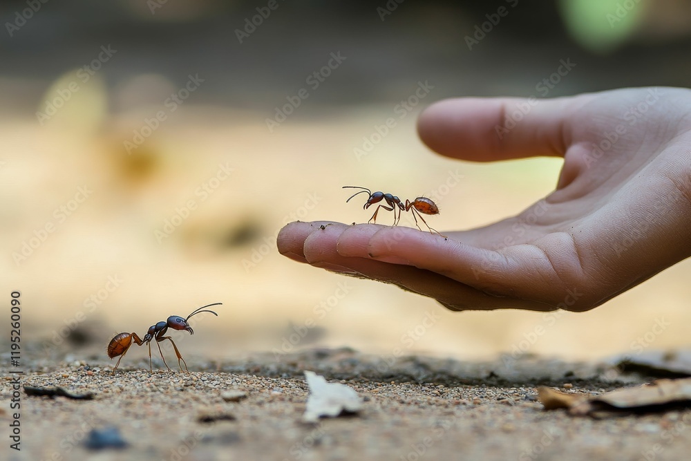 Fototapeta premium Two ants near hand; one on outstretched palm.