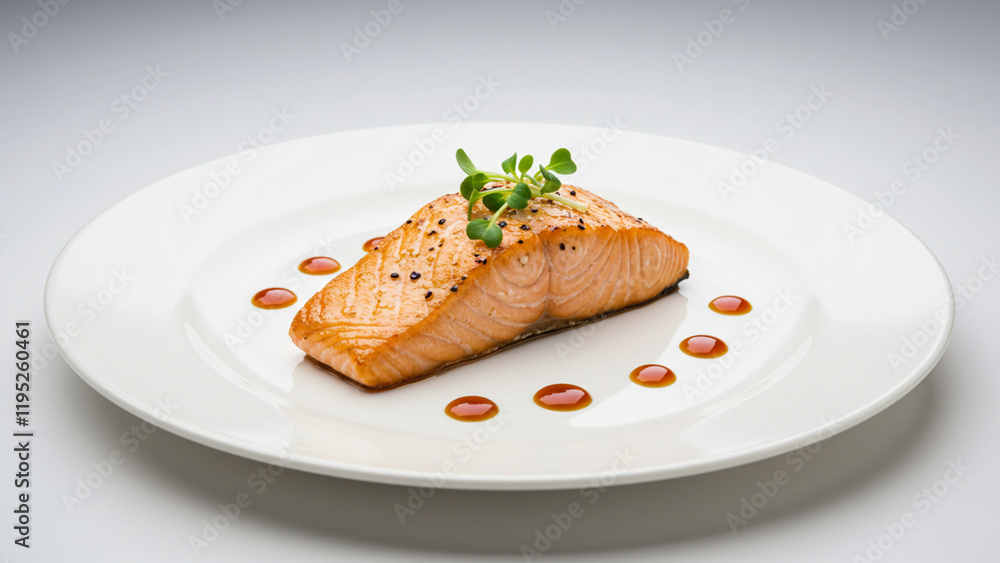 Perfectly grilled salmon fillet on a white plate, garnished with microgreens and sauce drops for a minimalist presentation. Perfectly grilled salmon fillet on a white plate, garnished with microgreens and sauce drops for a minimalist presentation.