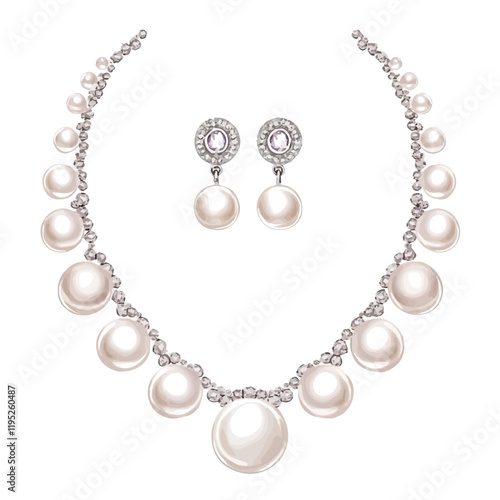 A watercolor of a classic pearl necklace and earrings set, isolated on a white background. Pearl jewelry vector.
