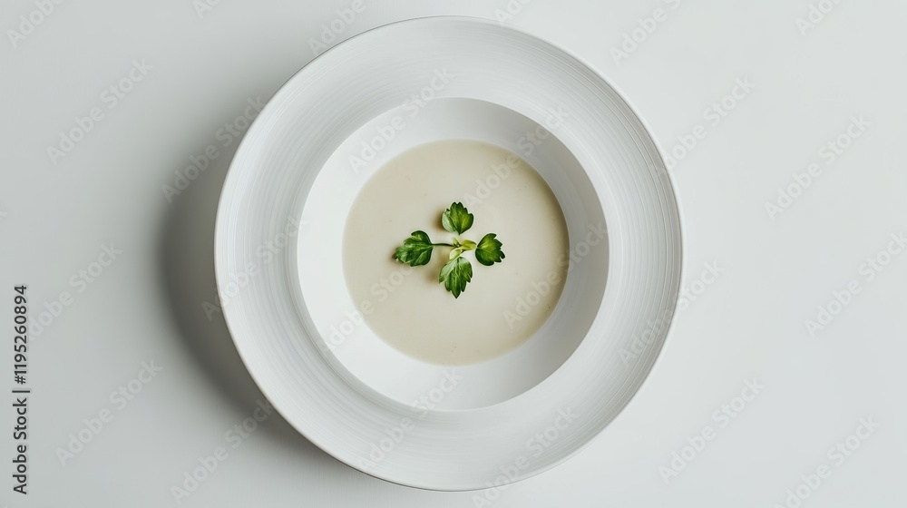 A Delicate Cream Soup in a Pristine White Dish; An Exquisite Culinary Presentation A Delicate Cream Soup in a Pristine White Dish; An Exquisite Culinary Presentation