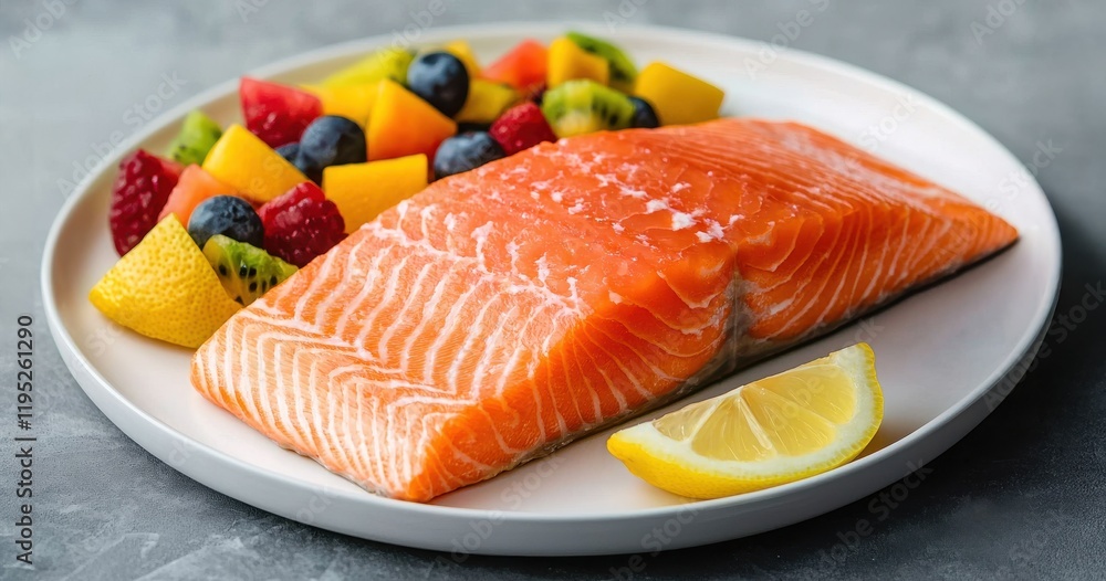A beautifully arranged plate featuring fresh salmon fillet alongside a colorful mix of tropical fruits and a slice of lemon. A beautifully arranged plate featuring fresh salmon fillet alongside a colorful mix of tropical fruits and a slice of lemon.