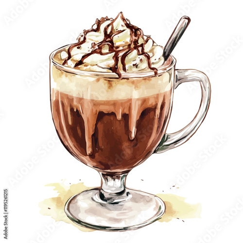 A watercolor illustration of classic hot chocolate, isolated on a white background. Hot chocolate vector.
