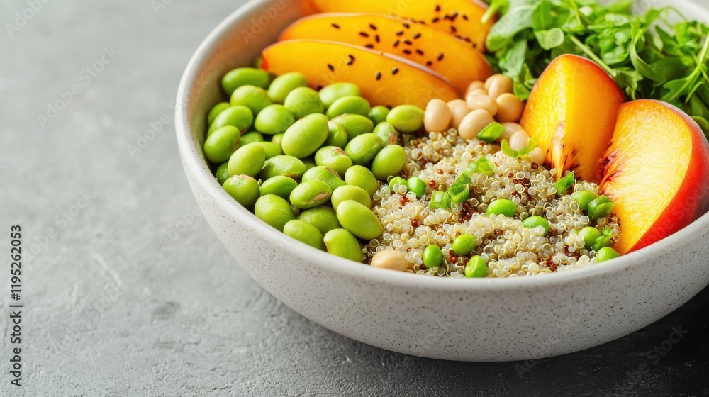A vibrant bowl filled with quinoa, edamame, peas, chickpeas, and fresh fruit, showcasing a healthy and colorful meal. A vibrant bowl filled with quinoa, edamame, peas, chickpeas, and fresh fruit, showcasing a healthy and colorful meal.