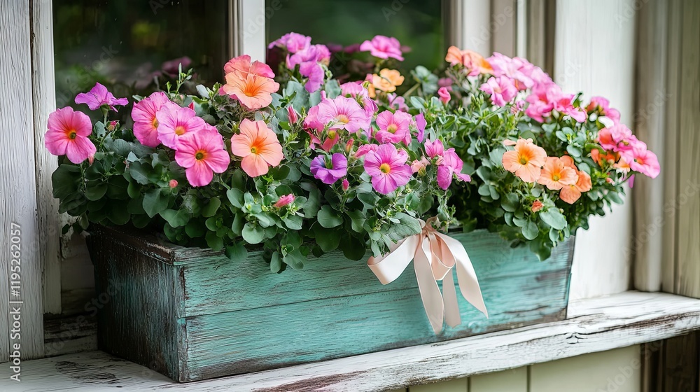 Charming Window Box Display with Vibrant Pastel Flowers Charming Window Box Display with Vibrant Pastel Flowers