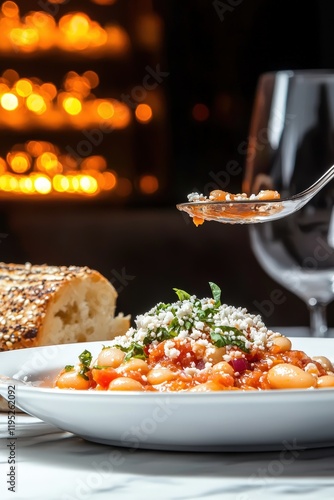 Delicious Loubia Stew Featuring Tender White Beans in a Rich Tomato Sauce with Fresh Herbs, Perfect for a Cozy Dinner Table Setup and Culinary Photography photo