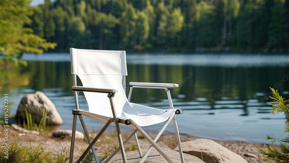 Fototapeta premium A serene lakeside scene featuring a white folding chair on a rock by the water's edge, surrounded by trees