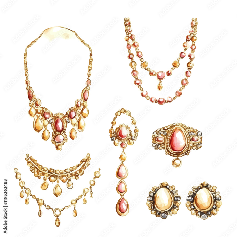 A watercolor drawing of a classic gold jewelry set, isolated on a white background. Gold jewelry vector.
A watercolor drawing of a classic gold jewelry set, isolated on a white background. Gold jewelry vector.