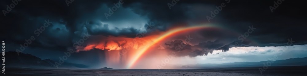 A stunning rainbow arches across the horizon as storm clouds start to clear at dusk A stunning rainbow arches across the horizon as storm clouds start to clear at dusk