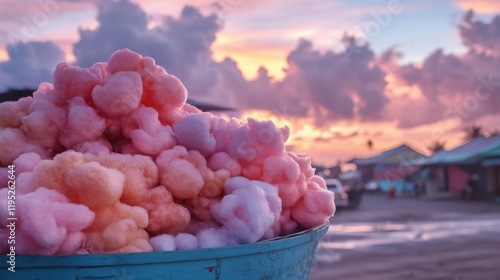 Cotton candy in vibrant colors fills a bucket as the sun sets over a coastal fair photo