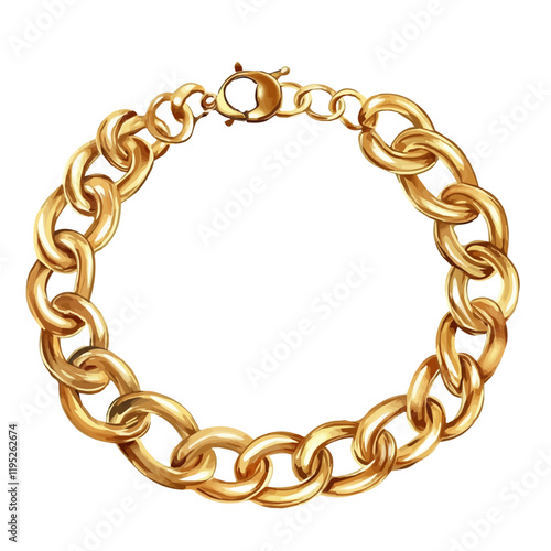 A watercolor illustration of a classic gold chain bracelet, isolated on a white background. Gold bracelet vector.
