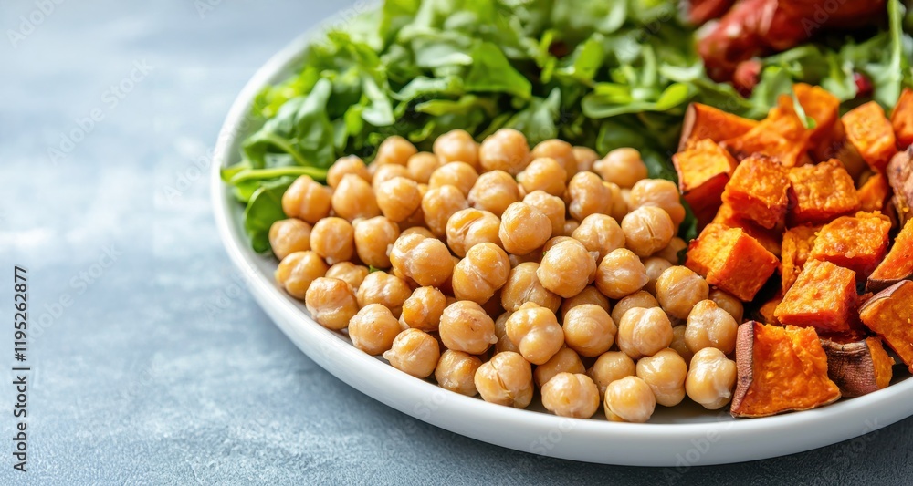 A vibrant plate featuring chickpeas, sweet potatoes, and fresh greens, showcasing a healthy, nutritious meal. A vibrant plate featuring chickpeas, sweet potatoes, and fresh greens, showcasing a healthy, nutritious meal.
