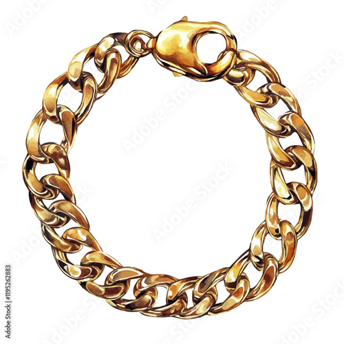 A watercolor illustration of a classic gold chain bracelet, isolated on a white background. Gold bracelet vector.
