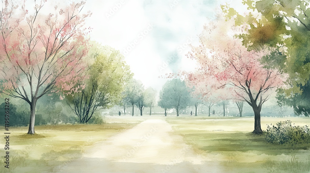 Naklejka premium Serene Spring Park Watercolor Landscape