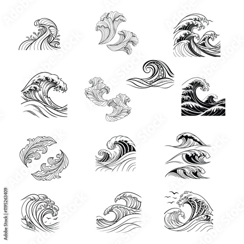 Elegant abstract waves in black and white line art, perfect for wallpaper and wall art design. This versatile set adds a modern and artistic touch to any space or creative project.