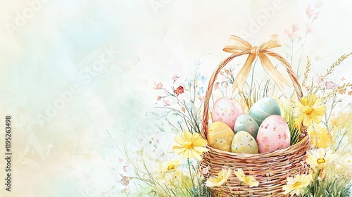 Pastel Easter Basket with Eggs and Flowers - Watercolor Art