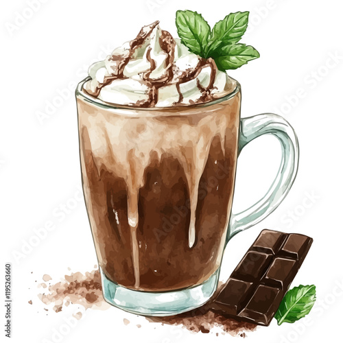 A watercolor vector of a choco-mint latte, isolated on a white background. Latte vector.
