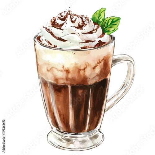 A watercolor vector of a choco-mint latte, isolated on a white background. Latte vector.
