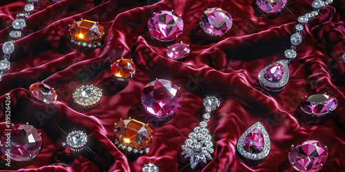 Wallpaper Mural Assortment of Gemstone Jewelry on Red Satin Torontodigital.ca
