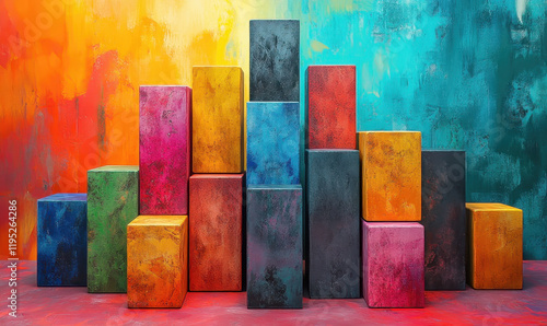 Colorful abstract block arrangement creative studio art display vibrant environment eye-level view modern design aesthetic