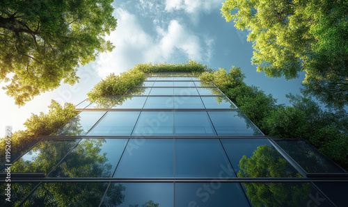 Sustainable architecture modern building with green facade urban environment nature integration low angle view photo