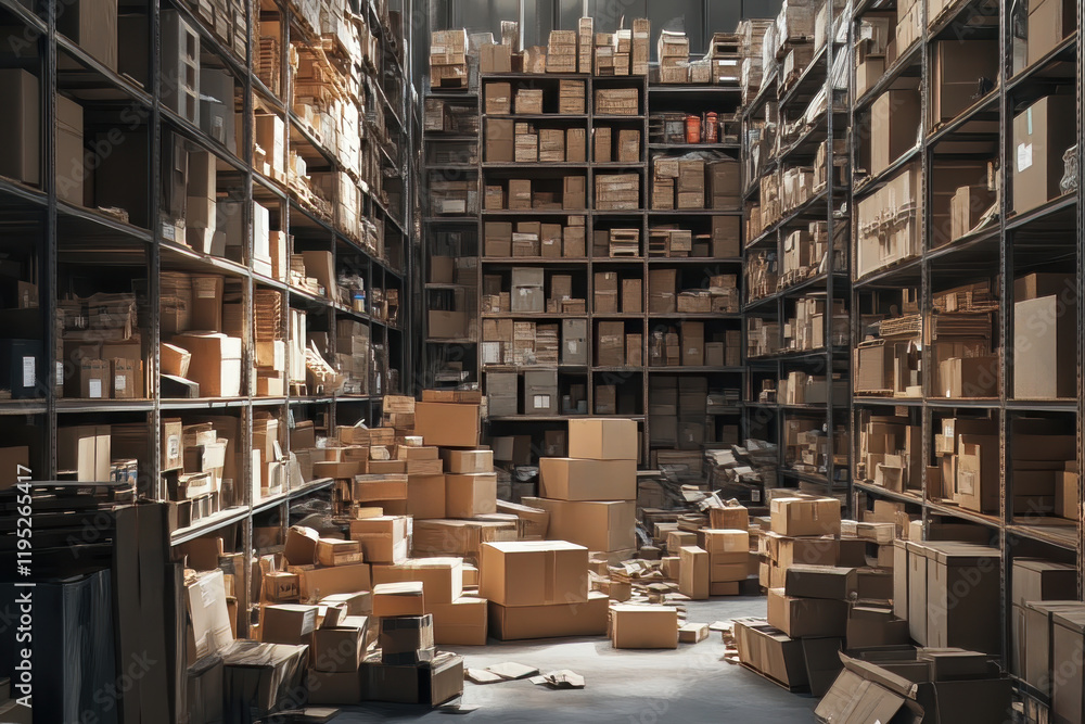 Obraz premium Warehouse inventory management storage facility photography indoor environment wide-angle view organization concept
